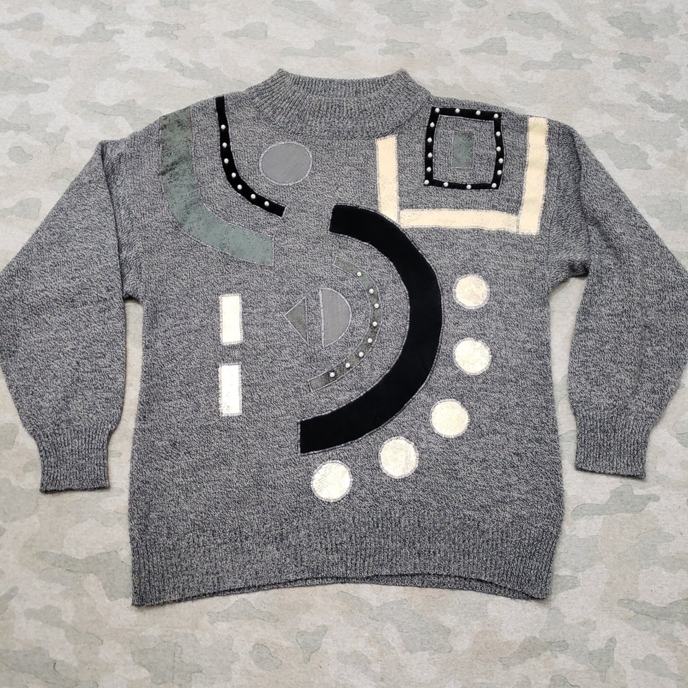 Vintage Eddie Dassin Sweater Womens Large Gray Abstract Geometric Pullover 80s